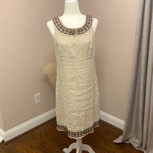 Carole Little Sz 6 Women’s 100% Linen Sleeveless Dress with Wooden Bead Collar